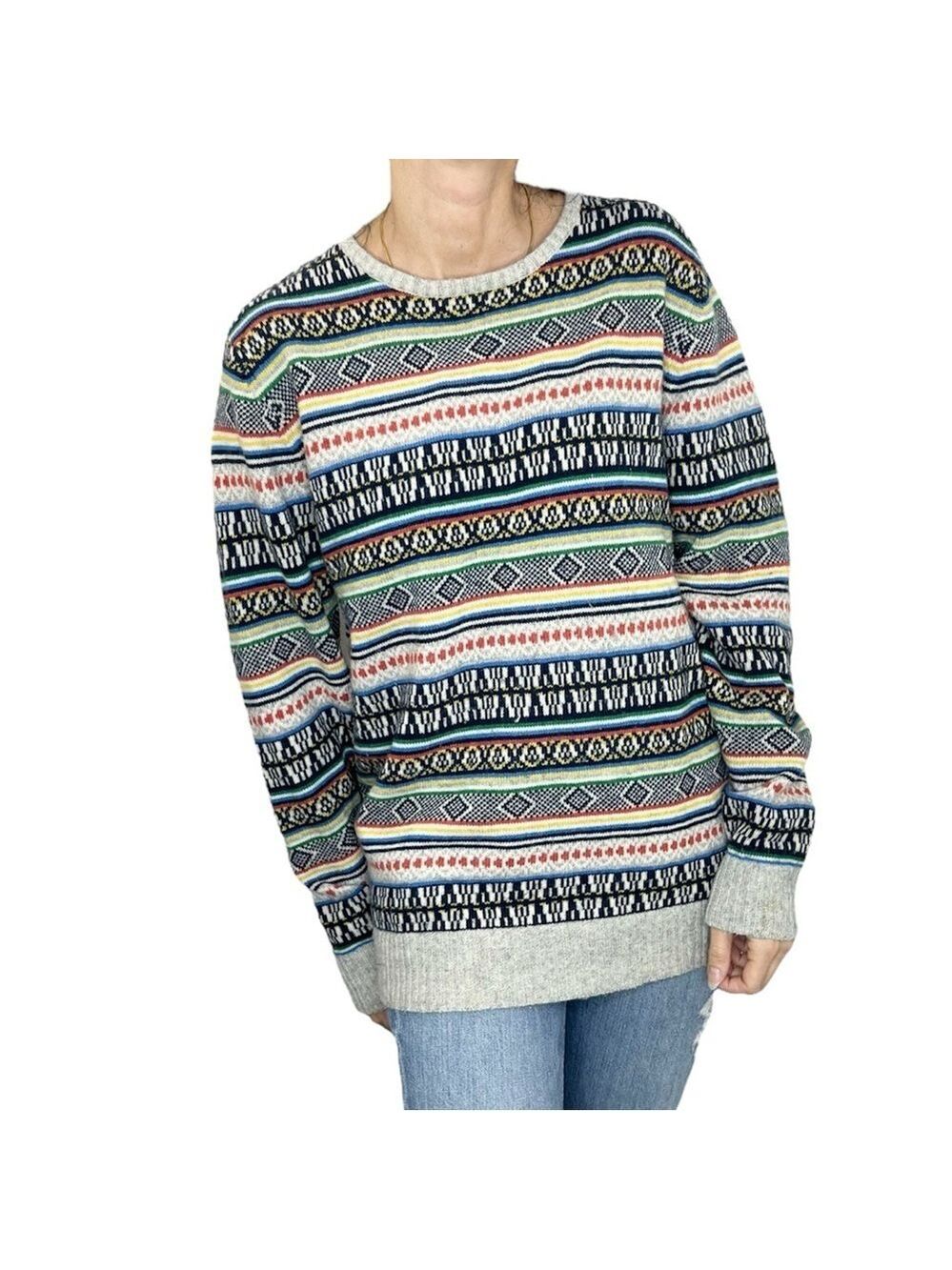 RVLT Revolution Denmark wool blend Nordic fair isle crew neck ski sweater XL